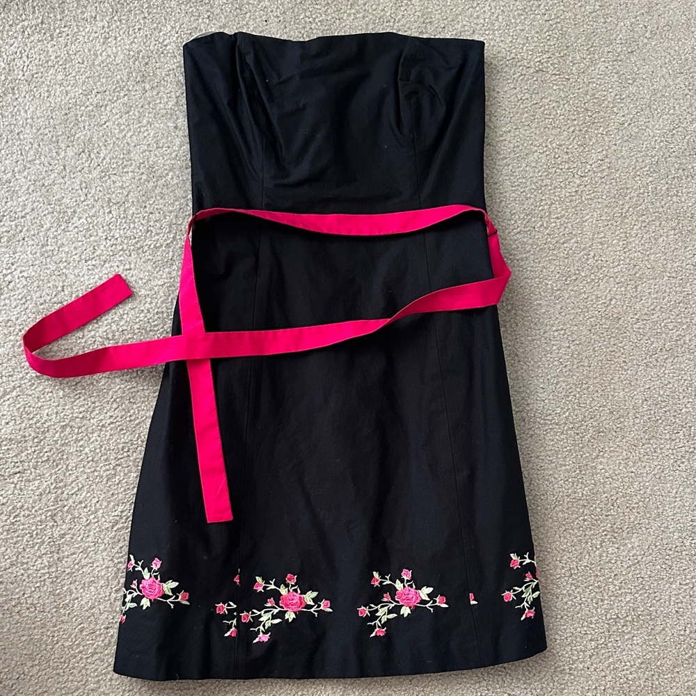 Shoshanna Black Strapless Dress with Pink Floral Embroidery